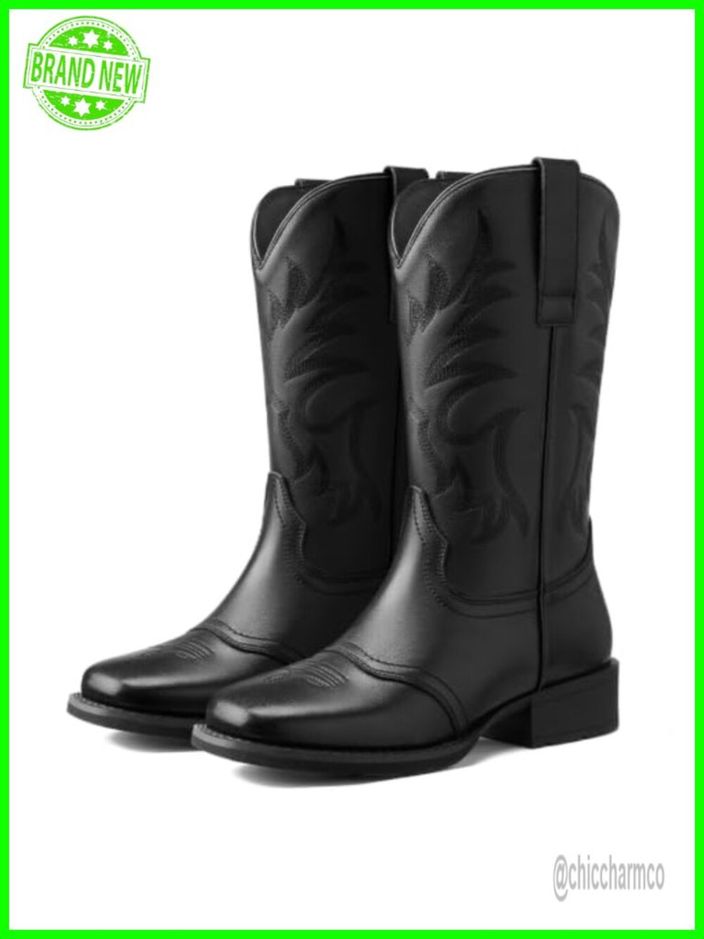 Genuine Leather Cowgirl Boots Square Toe Block Heel Mid Calf Western Pull On
